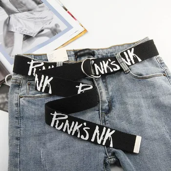 Punk Moda Na Płótnie List Pasek Harajuku Mężczyźni Kobiety D Pierścień Klamra Długi Pas Pas Spodnie Jeans Studencka Młodzież Pas Biały