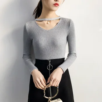 Modny Sweter Dla Kobiet W 2019 Jesień Zima Z Długim Rękawem Sexy Serek Swetry Topy Podstawowy Miękkie Cienkie Dzianiny Sweter Bordowy