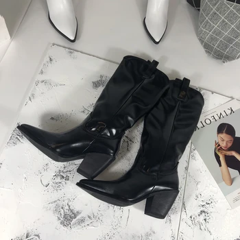 ORATEE brand kwacze leather women knee high boots sexy pointed toe western cowboy boots women mid-calf chunky wedge boots