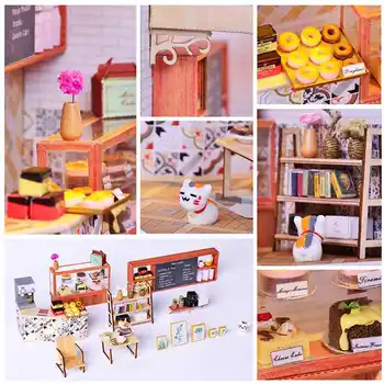 DIY miniaturowy drewniany domek dla Lalek Europa kawiarnia Pani tort domek dla lalek, pokój pudełko zabawki edukacyjne dziewczyna prezent prezent