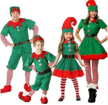 Drop Shipping Santa Claus Helper Green Holiday Elf Christmas Costume Sweet Dress Kids/Adults Halloween Costume 3XS-5XL