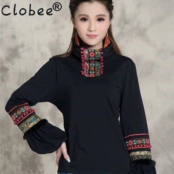 Clobee 2020 jesień zima vintage design sweter damski etniczna haftowany golf t-shirt L-3XL czarny t-shirt top blusa