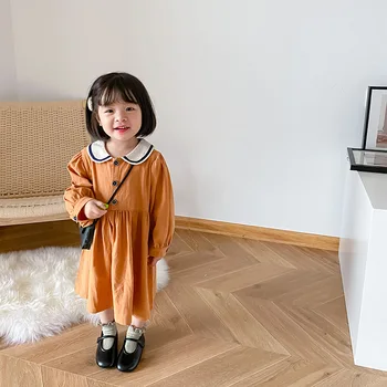 2020 Baby Girls Long Sleeve Causal Fashion Three-Button Kontrastowy Kolor Lalek Kołnierz Sukienka Dziecięce Bawełniane Sukienki Księżniczki