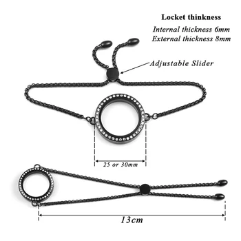 URSJEWELRY czarne kryształy ruchome tapety na medaliony pamięci bransoletki ze stali nierdzewnej 316L magnetyczne medaliony regulowana bransoleta