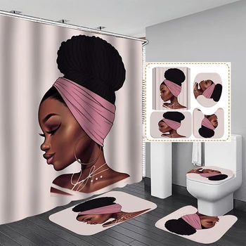 Ładna afrykańska dziewczyna z prysznicem kurtyna zestaw wodoodpornych zasłony łazienkowe z matą antypoślizgową do wanny pokrywa sedesowa pokrywa maty kuchenne, dywany