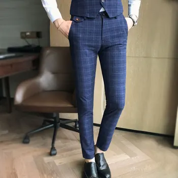 2019 nowy butik w kratkę mężczyzna dorywczo garnitur spodnie narzeczony suknia ślubna męskie niebieskie spodnie