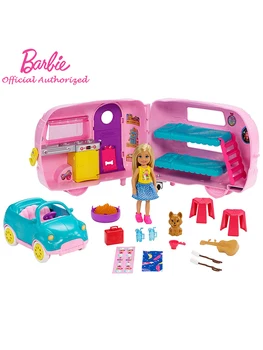 Prawdziwa Barbie Club Camping Car Chelsea Series Playset z lalką szczeniak samochód dom трансформирующие zabawki dla dziewczynek Kid Brinquedos prezent