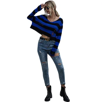 Goth sweter temat kobiety sweter 2020 gothic Lady hollow, krótka bluza w paski V szyi sweter z długim rękawem czarny niebieski