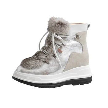 Skóra naturalna płaska platforma Kobiety kostki rakiety śnieżne zimowe ciepłe buty zasznurować buty casual kobieta, duży rozmiar 42 43