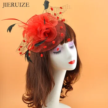 JIERUIZE Bridal Net Feather Hats White Red Black Birdcage Net Wedding Hats Bridal Fascinator Face Veils bride Hats