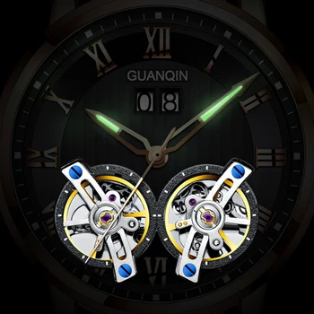 GUANQIN męskie zegarki mechaniczne automatyczne podwójny mechanizm szafirowy wyświetlacz daty świecące
