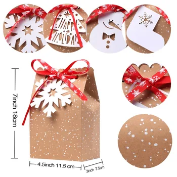 OurWarm Christmas Kraft Paper Bags Candy Bar Sweet Candy Cookie Packaging Box with Tag White Ribbon New Year 2020