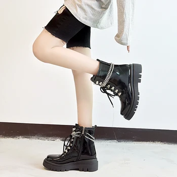 Nowe sexy buty na platformie damskie lakierowane jesienne buty blokowy obcas gotycki czarny vintage, styl punk łańcuch buty Damskie o wysokiej jakości