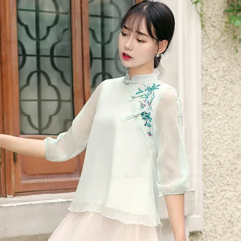 Kobiety elegancki Hanfu szyfon Qipao topy korea moda koszule chiński styl haftowane retro bluzka Wietnam Ao Dai koszulka płaszcz