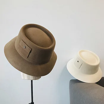 2020 nowa ciepła wełniana czapka zimowa dla kobiet Fedora Hat Retro Pocket Bucket Hat with Pocket Ladies Floppy Church Derby Party Hat