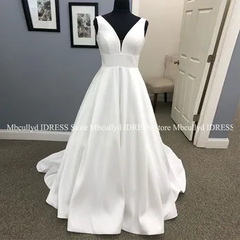 Białe suknie ślubne-A-line 2019 Sexy V Neck Luxury Zipper Covered Button Train Bride Dress Long Plus Size Vetidos de novia