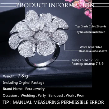 Pera Luxury Big Flower Shape AAA+ Mirco Pave Cubic Zirconia pierścień biżuteria akcesoria ślubne palec pierścień dla kobiet R096