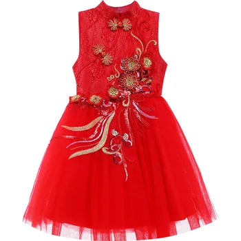 Czerwony Cheongsam W Wieku 4-14 Lat Nastoletnich Dziewczyn 2021 Chiński Nowy Rok Czerwone Ubranie Bez Rękawów Przycisku Qipao Dla Dzieci Sukienki