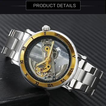 Mężczyźni Retro Przypadkowe Mechaniczne Zegarek Srebrny Pasek Ze Stali Nierdzewnej Mężczyzna Automatyczny Zegarek Przezroczysty Dial Minimalistyczny Złoty Most