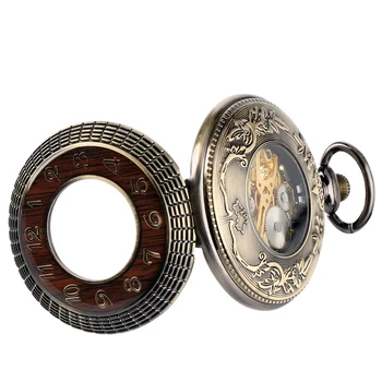 Luksusowe Drewniane Brązowe Mechaniczne Zegarki Kieszonkowe Z Ręcznym Przez Rzymskie Cyfry Wyświetlacz Pokrętło Połowa Myśliwego Ręczne, Wiszące, Kieszonkowe Zegarki
