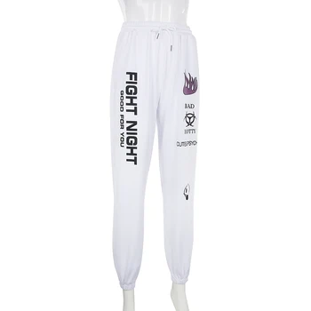 Sweetown Casual Fire Print Luźne Spodnie Kobiety Hip-Hop Spodnie Z Wysokim Stanem Modne Kieszenie Treningu Damskie Biegacze Sportowe Spodnie