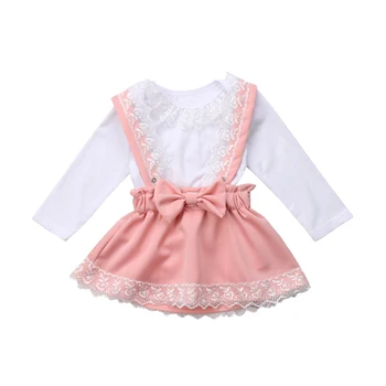 Księżniczka słodki dość mały Baby Girls Party Dress 2szt z długim rękawem biały bawełna suwaki topy koronki różowy ogólny spódnice 0-3Y