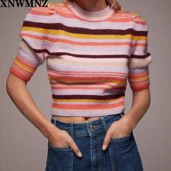 XNWMNZ Za kobiecy vintage w paski sweter z dzianiny z okrągłym dekoltem sweter z krótkim rękawach kobieta 2020 moda jesień eleganckie bluzki